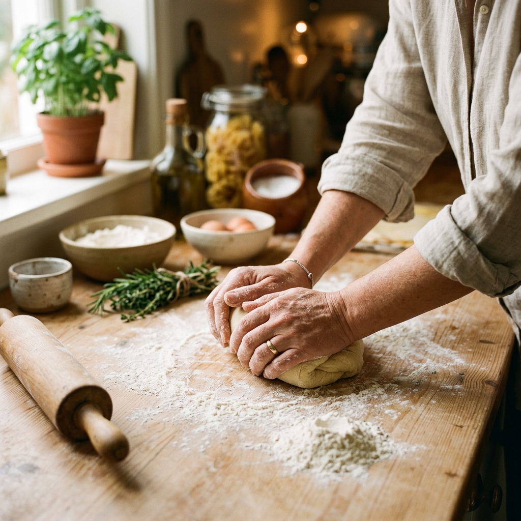 Hands kneading fresh pasta dough on a floured wooden countertop