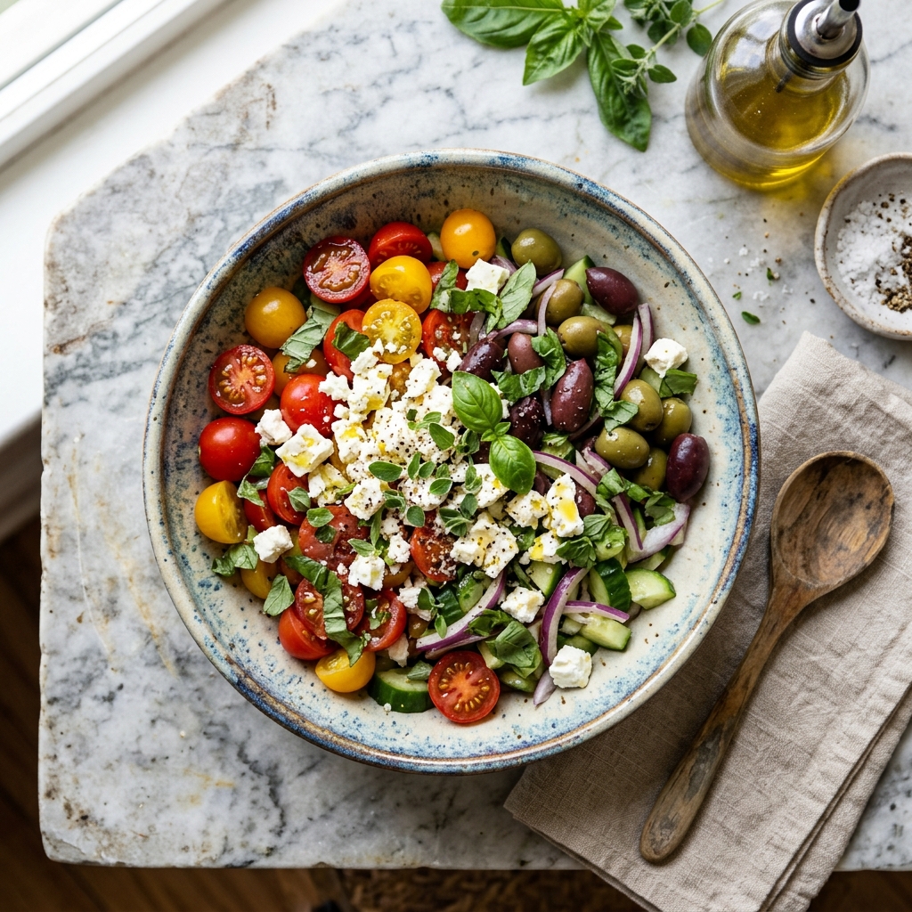Fresh colorful mediterranean salad in a ceramic bowl